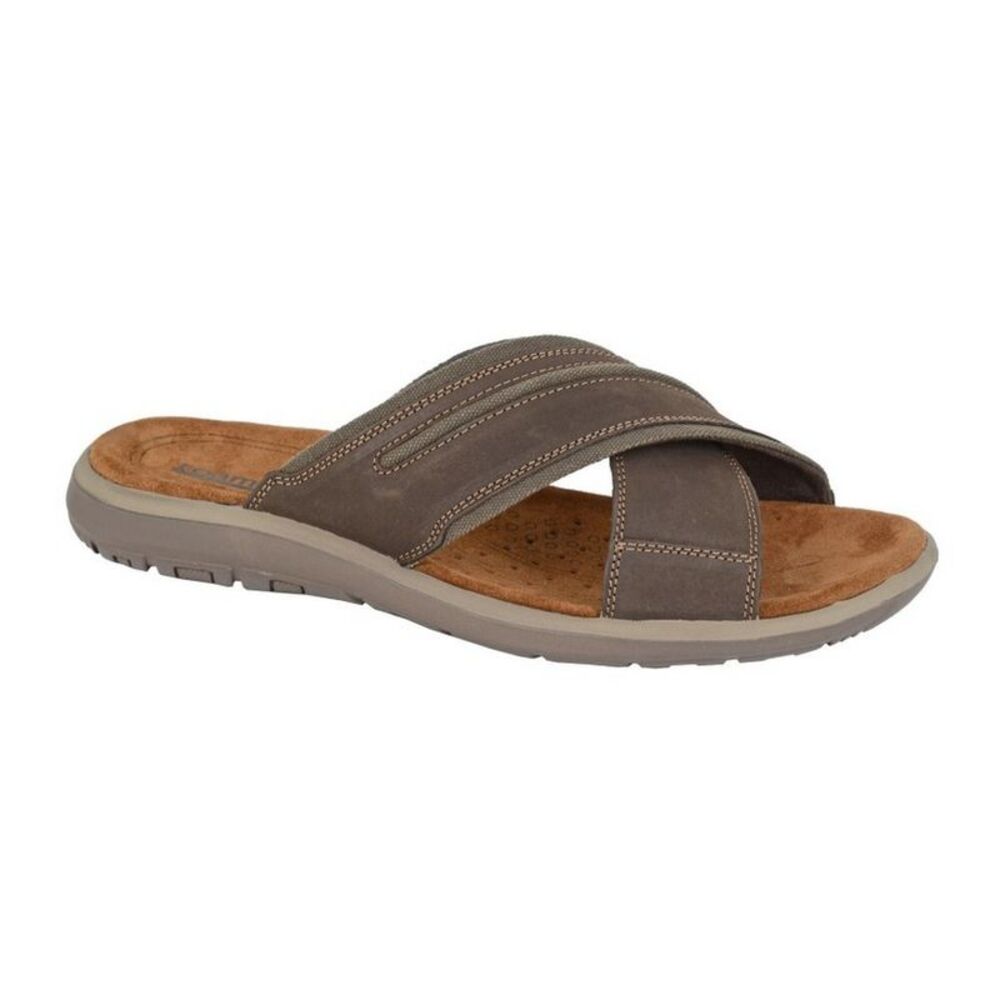 Roamers Mens Nubuck Crossover Strap Mules / Brown